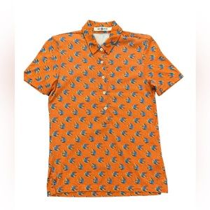 Tory Sport printed short sleeve performance polo, birds, orange, cotton, size XS